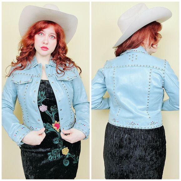1990s Vintage Baby Blue Leather Jacket / Rainbow Rhinestone Studded Coat / Small